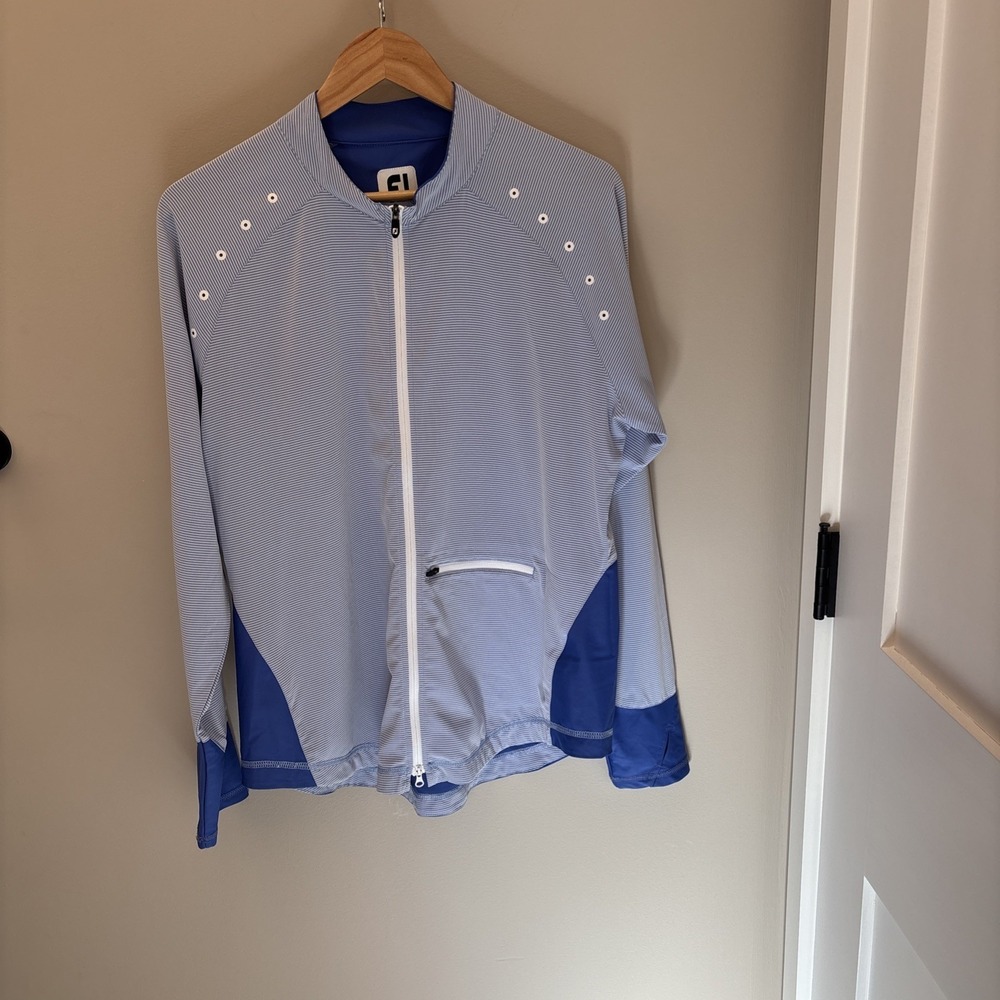 FJ FootJoy Womens Golf Full Zip Jacket Light Blue White Sz L Logo Quechee